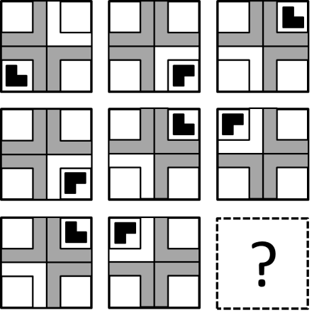 3×3 matrix pattern with visual logic, one field marked with question mark to complete the sequence